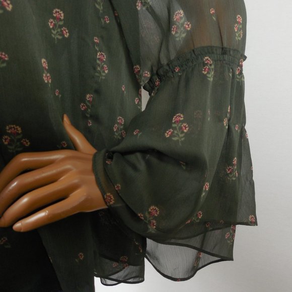 WHITE HOUSE BLACK MARKET Top L Green Blouse Party Lined Long Sheer Flared Sleeve - Picture 5 of 9